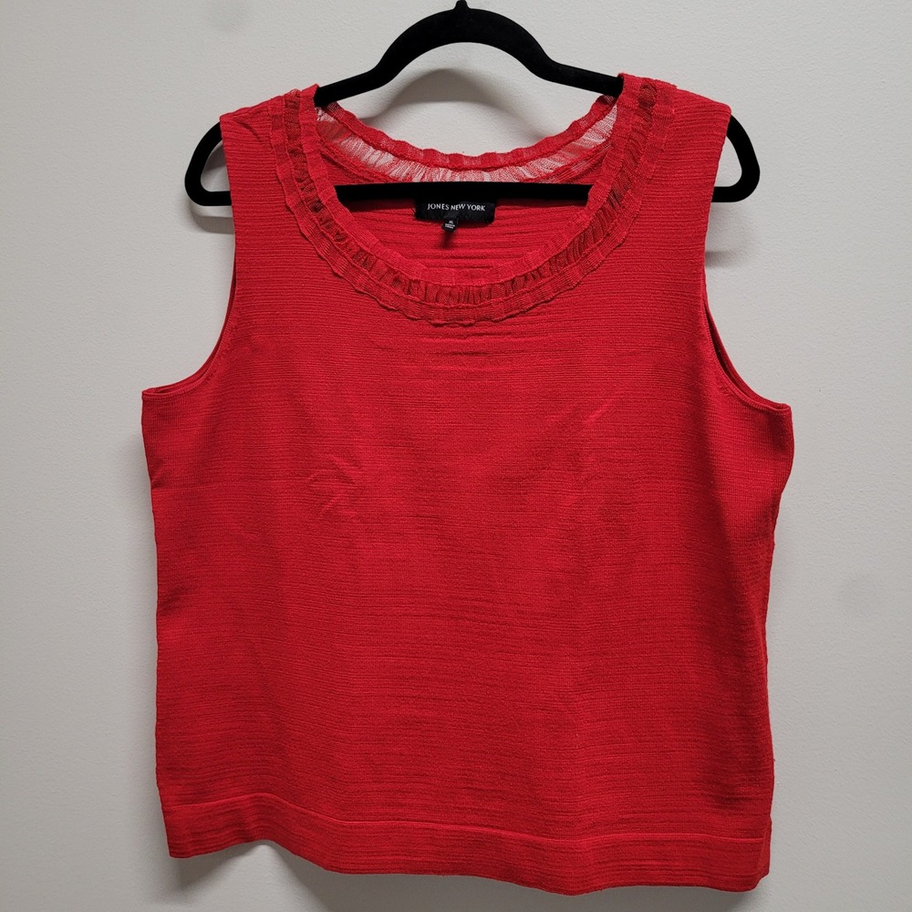 Jones New York Red Sleeveless Knit Top Lace Trim Scoop Neck XL Ribbed Shell